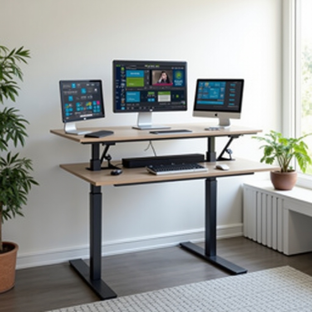 tv above standing desk with computers